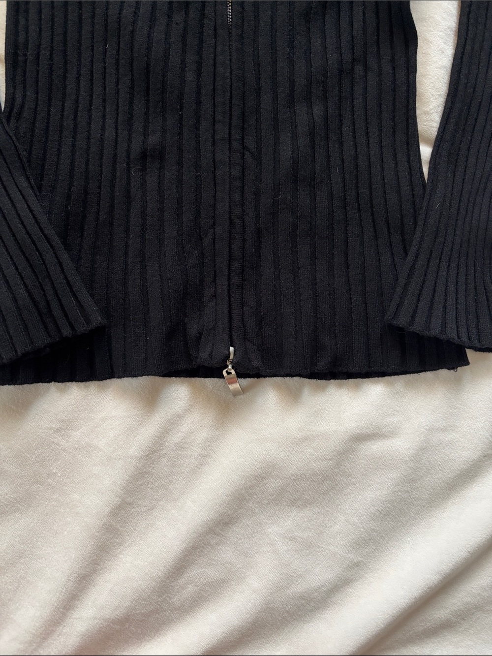 Black Ribbed Zip-Front Long Sleeve Top - Picture 2 of 4